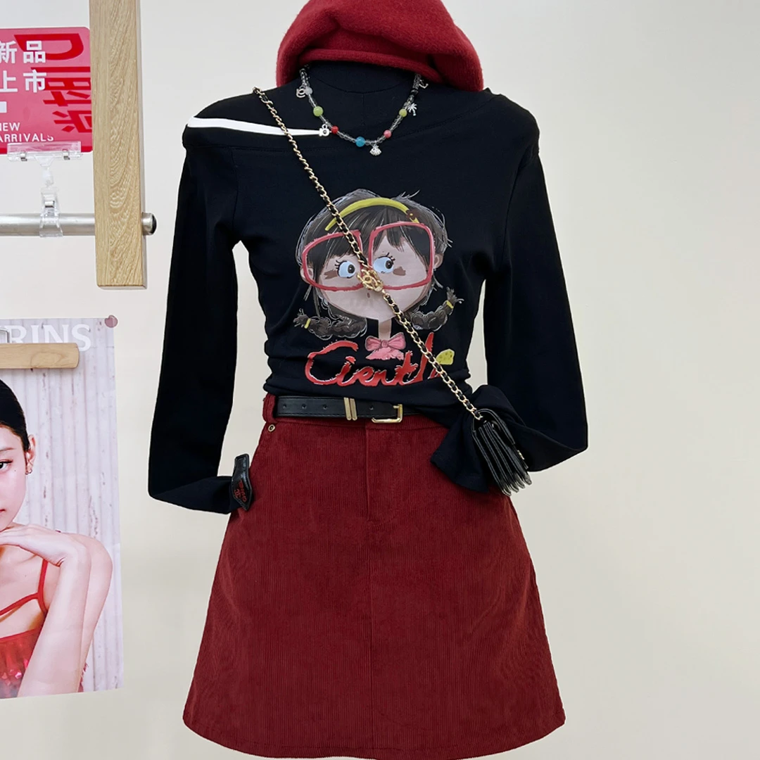 2025新款秋季正肩穿搭斜肩长袖T恤女韩版卡通印花内搭小个子上衣