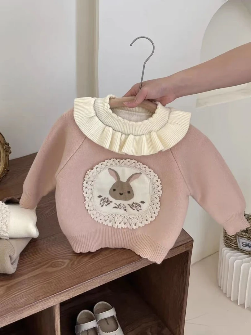 韩版女童公主风长袖圆领花边小兔子毛衣针织衫上衣韩版套头加厚