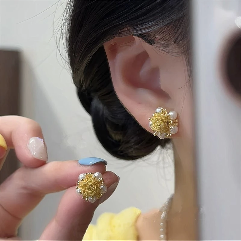 铜合金耳饰 黄色玫瑰花珍珠耳钉女小巧精致轻奢设计耳环通勤耳饰