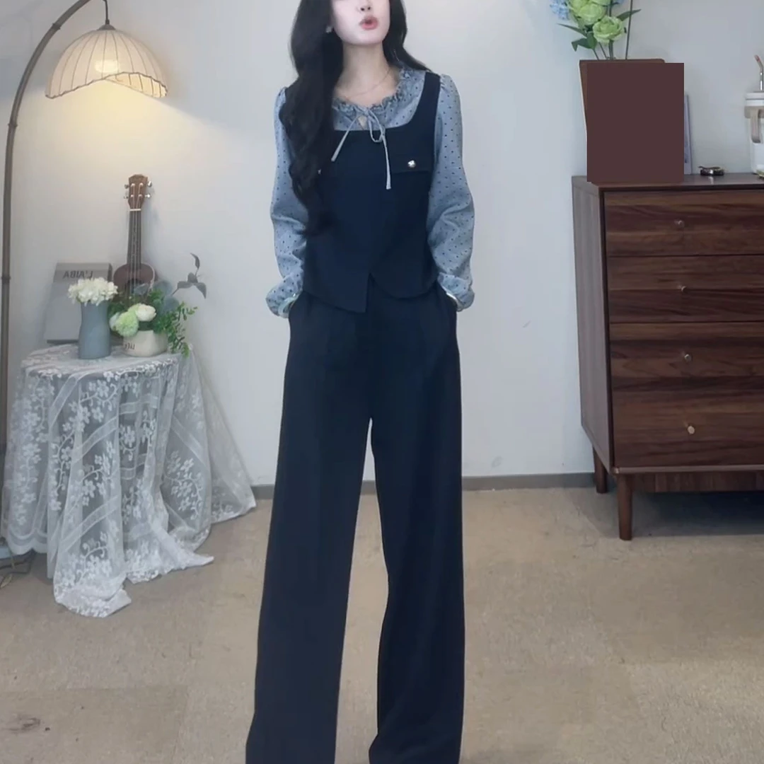 2025秋季新款时尚谬系设计感假两件潮小香风波点上衣阔腿裤两件套