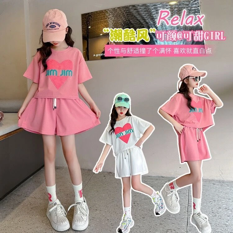夏装女童洋气短袖儿童短裤套装6-15岁小女孩中大童两件套时髦衣服