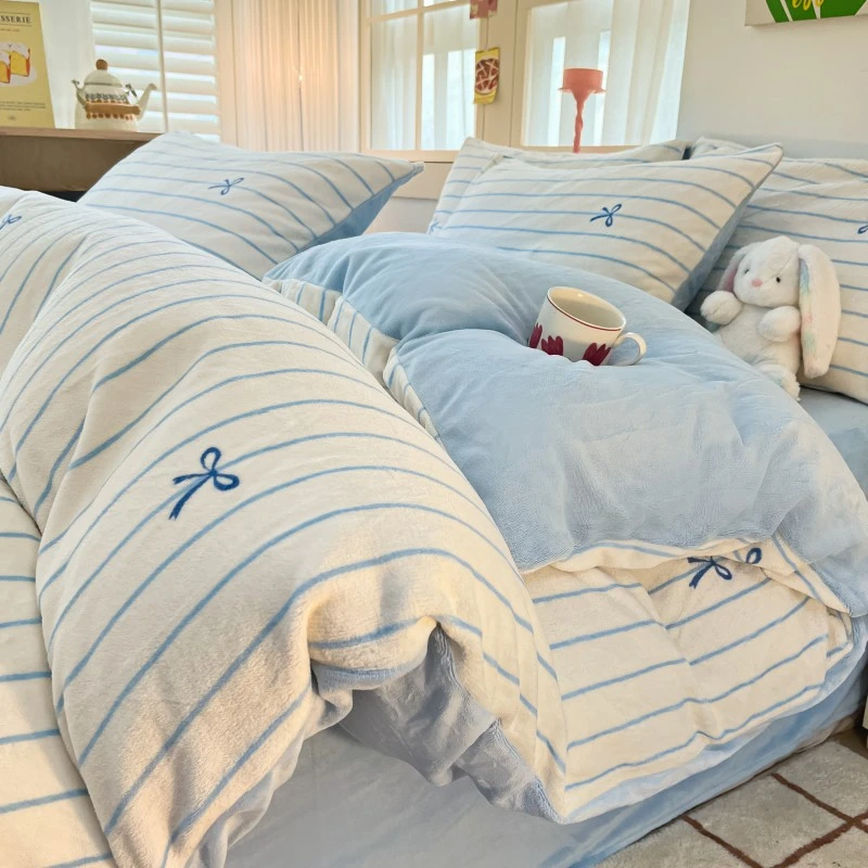 水星高端适用家纺ins条纹蝴蝶结牛奶绒床上四件套冬季加厚珊瑚法