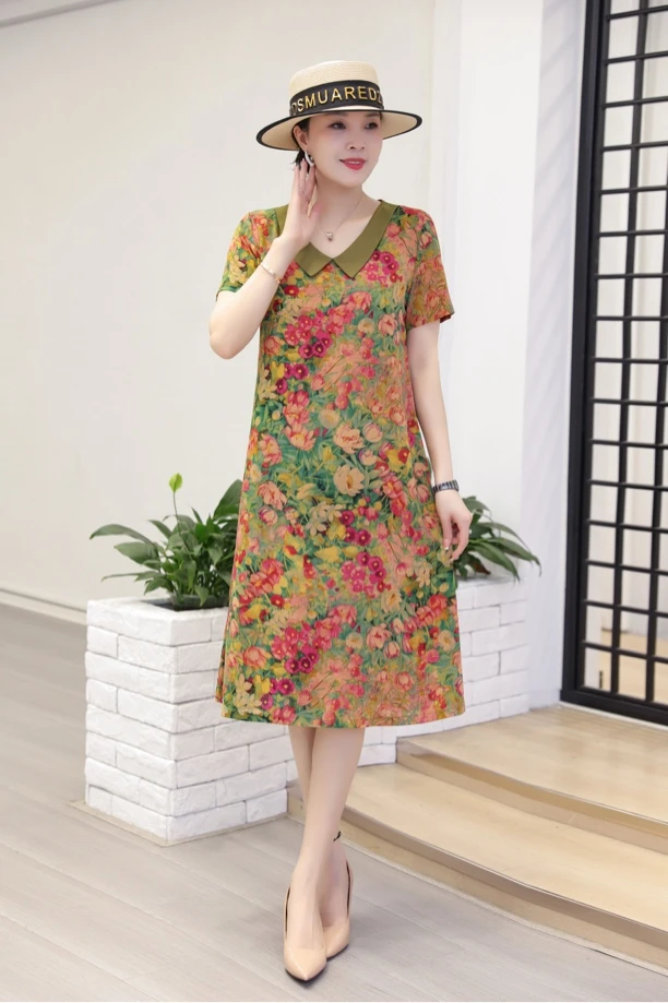 夏季新款娃娃领百合花宽松显瘦气质碎花中长款连衣裙