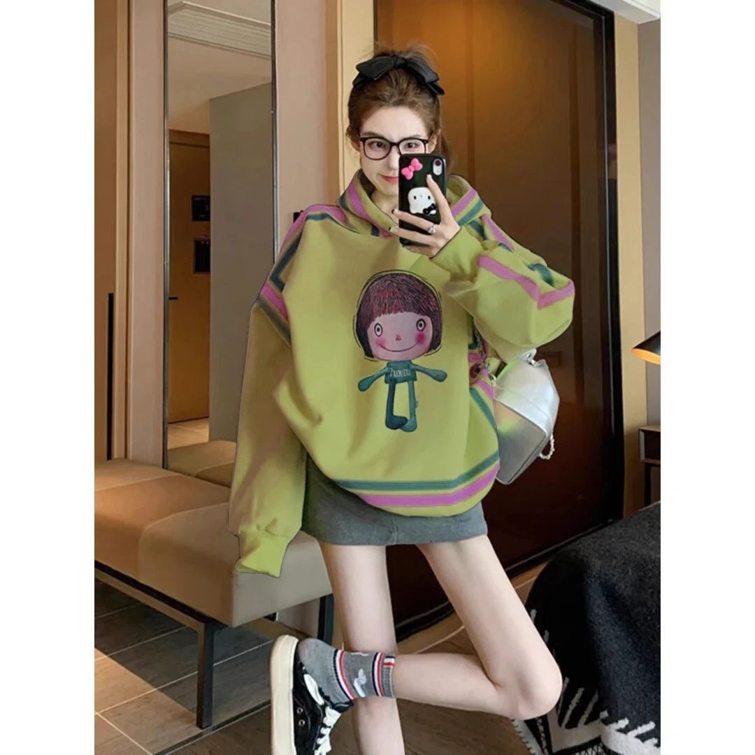 外套女秋冬2026新款洋气印花爆款连帽黄绿色卫衣女休闲套头上衣