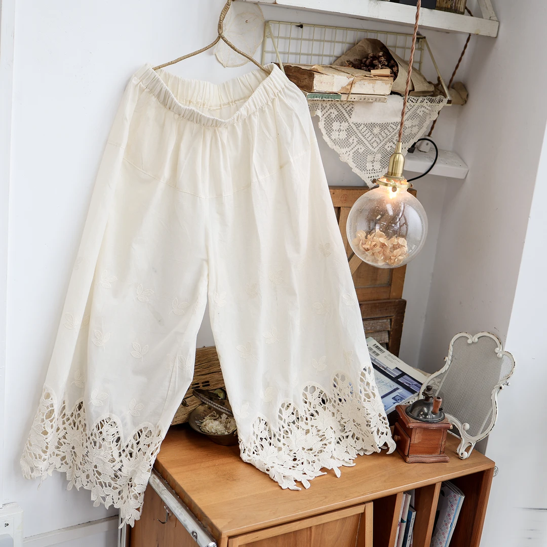 美村春夏新款日系森系重工蕾丝绣花宽松减龄阔腿裤打底裤纯棉内