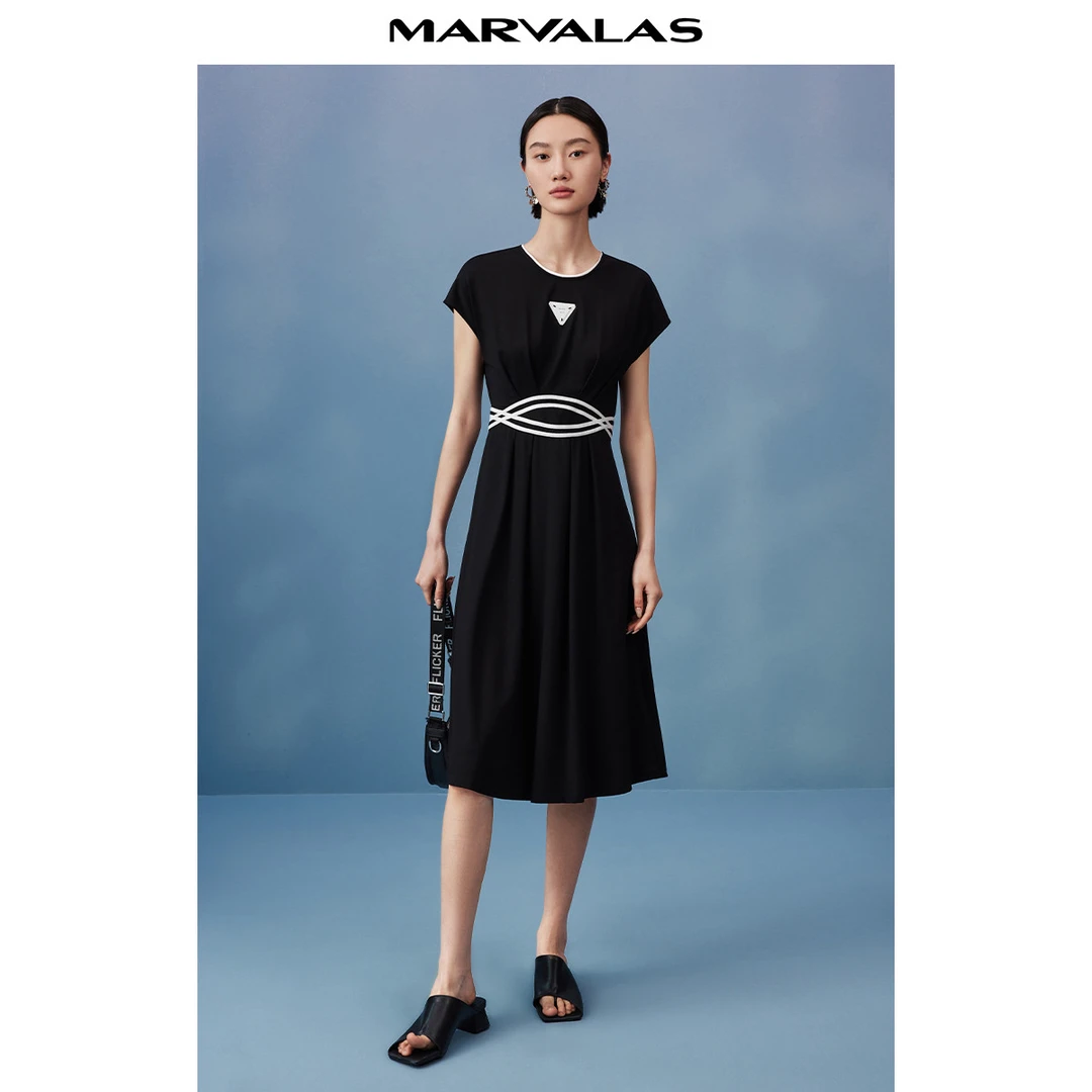 【婷婷专属】复古气质连衣裙夏季撞色圆领纯色中长裙经典小黑裙MC
