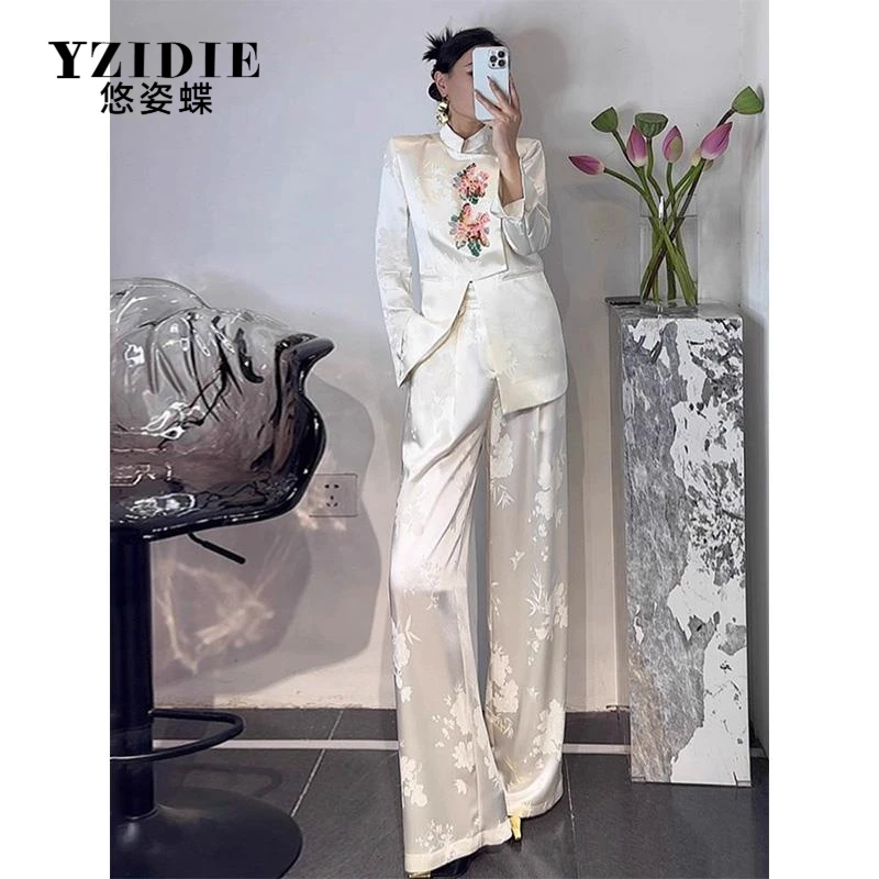 2025年春秋新款气质立领提花珠片花朵西装套装女阔腿裤两件