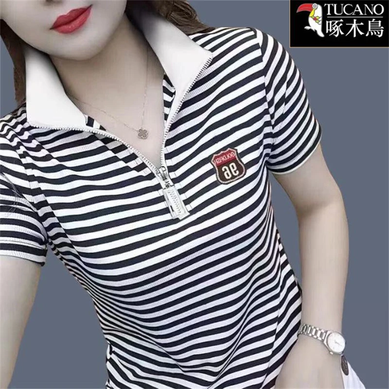 啄木鸟夏季翻领条纹极简短袖T恤女2025新款休闲百搭宽松显瘦上衣