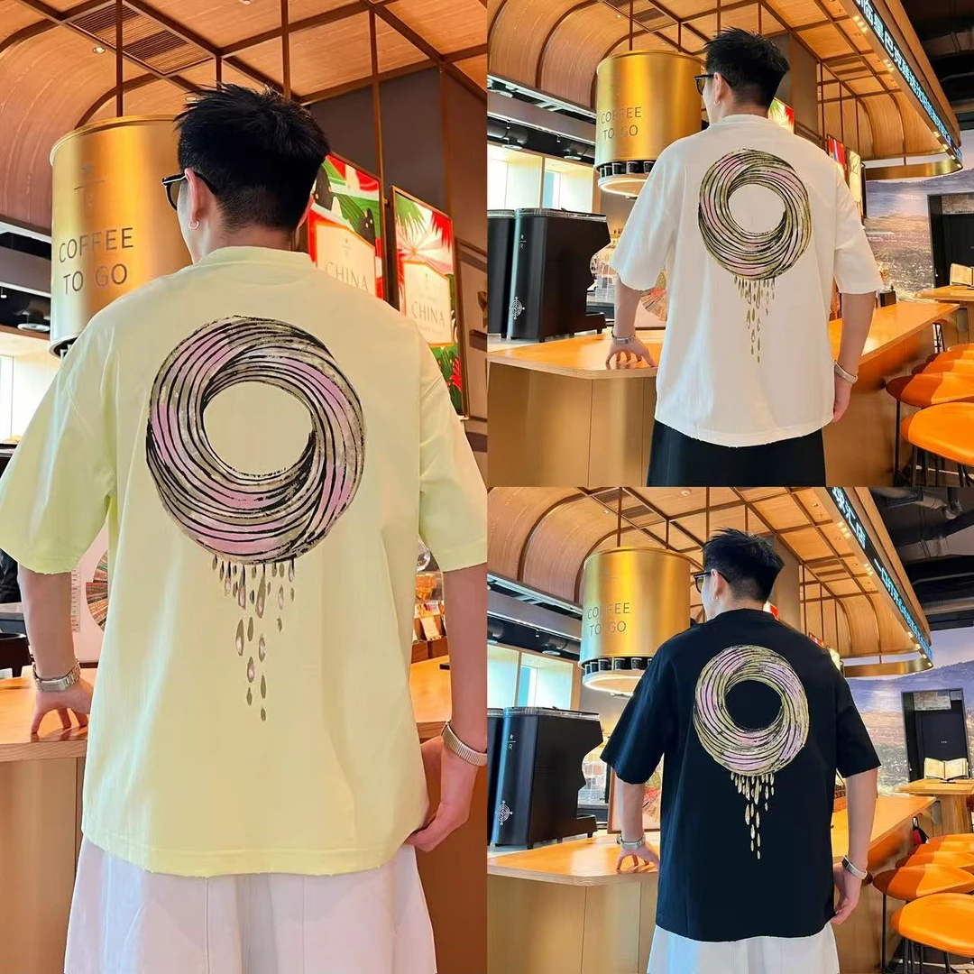 休闲宽松百搭破洞磨毛设计男士夏季字母趣味印花设计纯棉短袖T恤