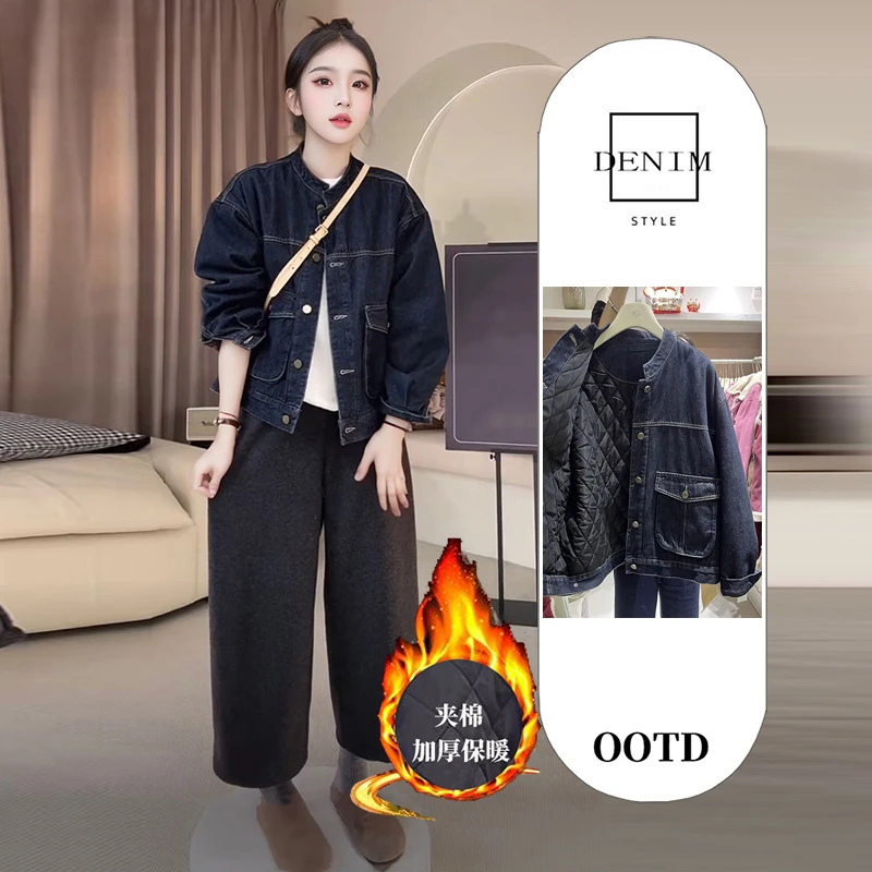 夹棉加厚牛仔外套女冬季超好看港风复古保暖棉衣棉服短款夹克上衣