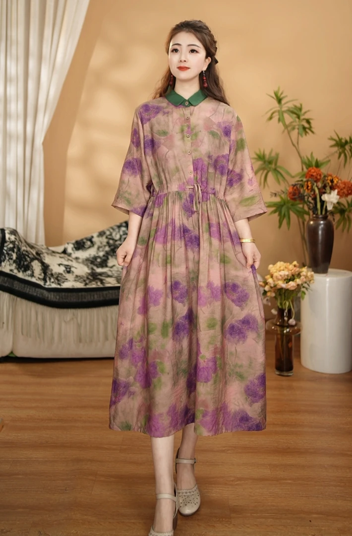 【素雅】夏季新品连衣裙宽松显瘦收腰休闲丝麻印花洋气长裙3043