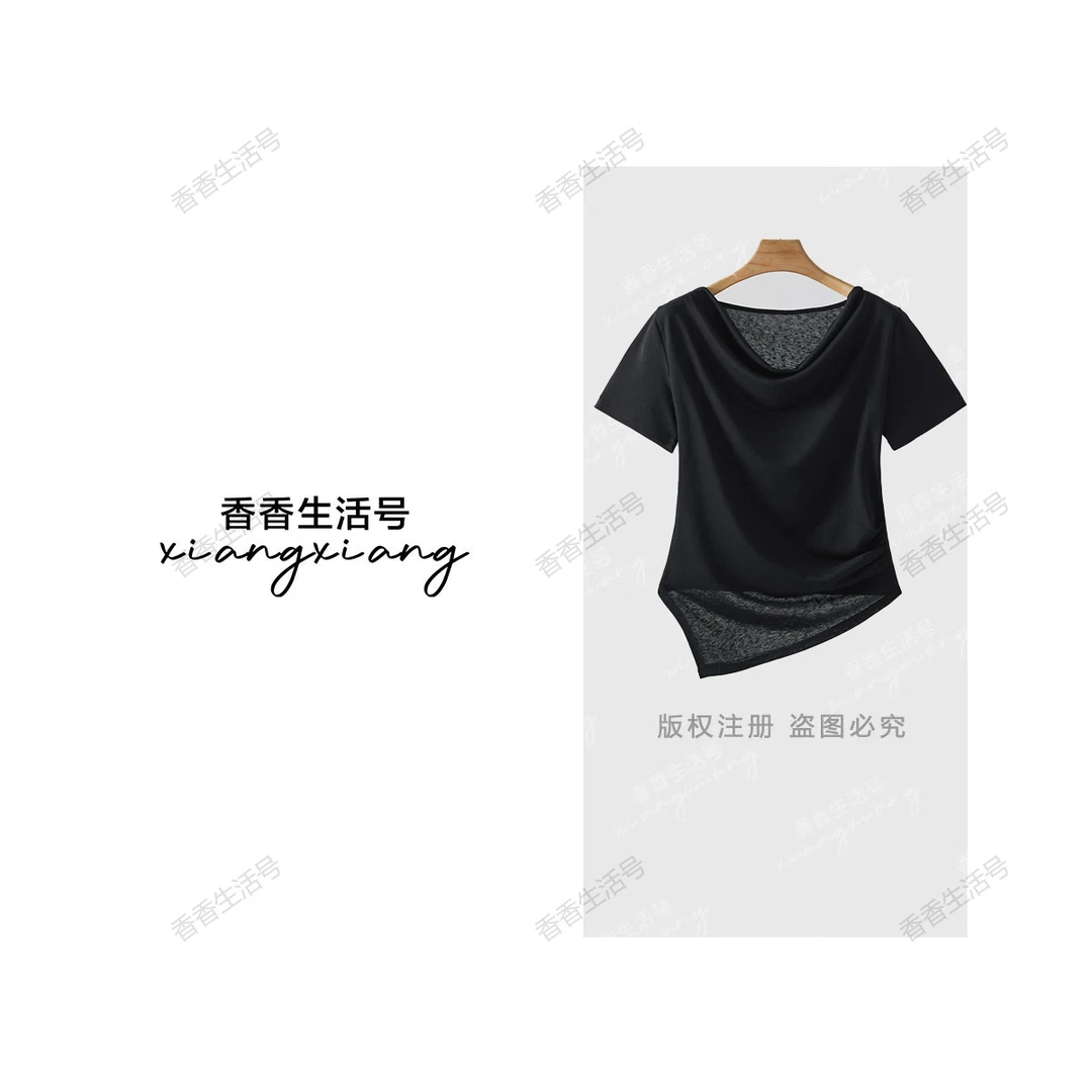 XX荡领短袖简约修身女款纯棉T恤修身不规则显瘦百搭时尚半袖5329