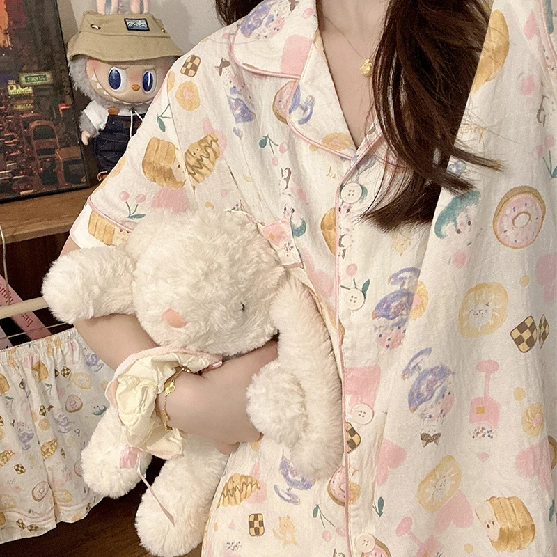 夏季睡衣女美味甜甜圈三件套短袖卡通网红风女生夏天可外穿家居服