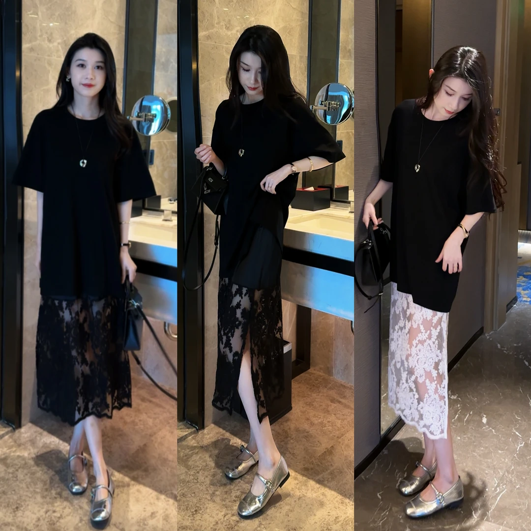 夏季新款短袖T恤裙+小众设计修身显瘦时尚蕾丝宽松半身裙套装