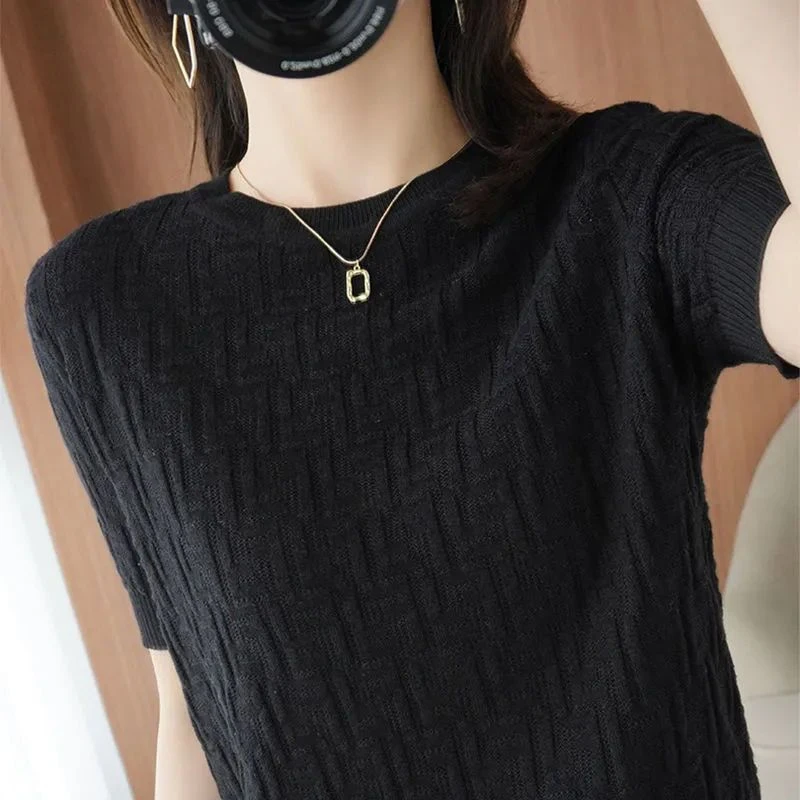 夏季薄款短袖针织衫大码女装新款宽松圆领春秋内搭打底衫外穿上衣