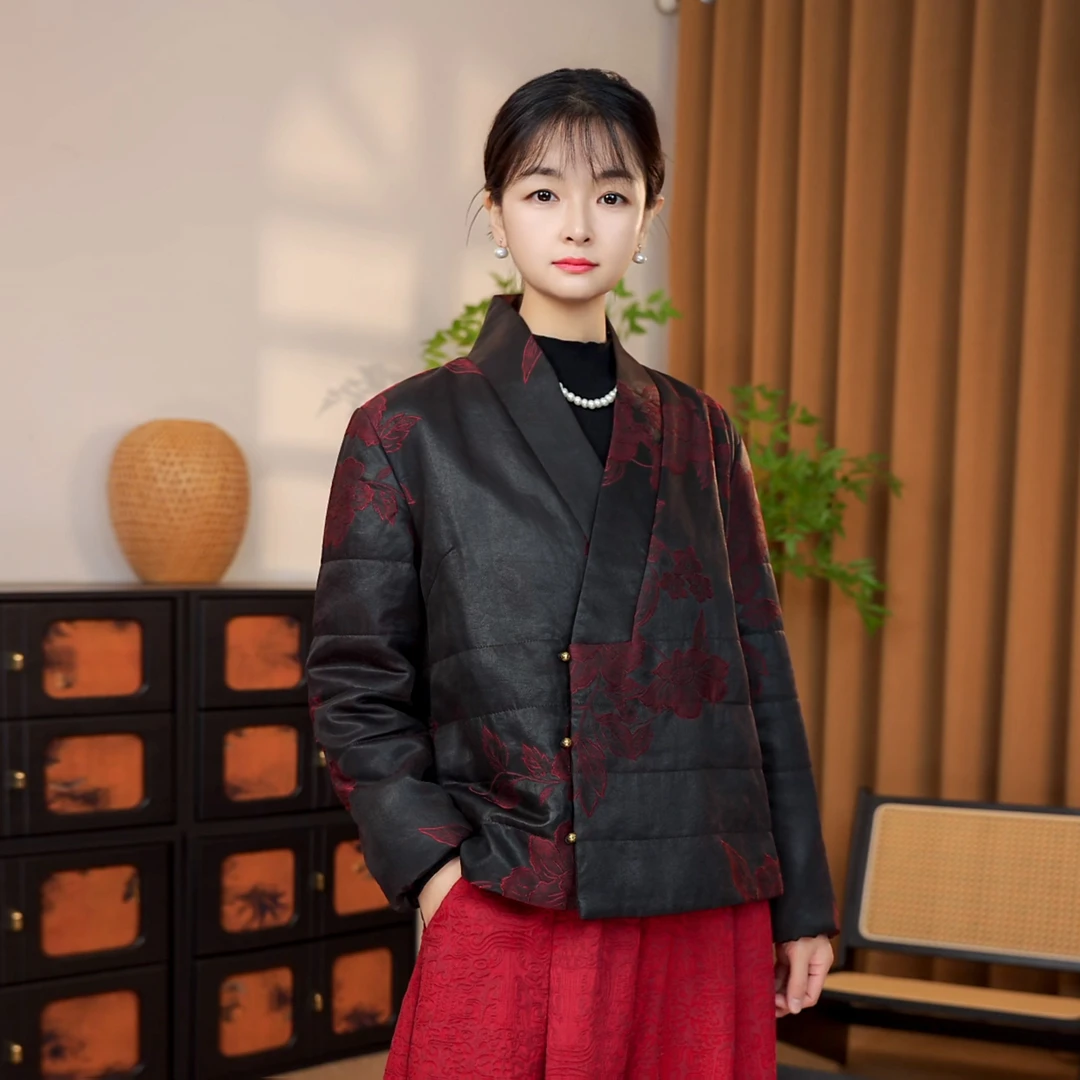 【婳】秋冬加厚百搭宽松休闲长袖保暖短款桑蚕丝提花时尚棉服外套女