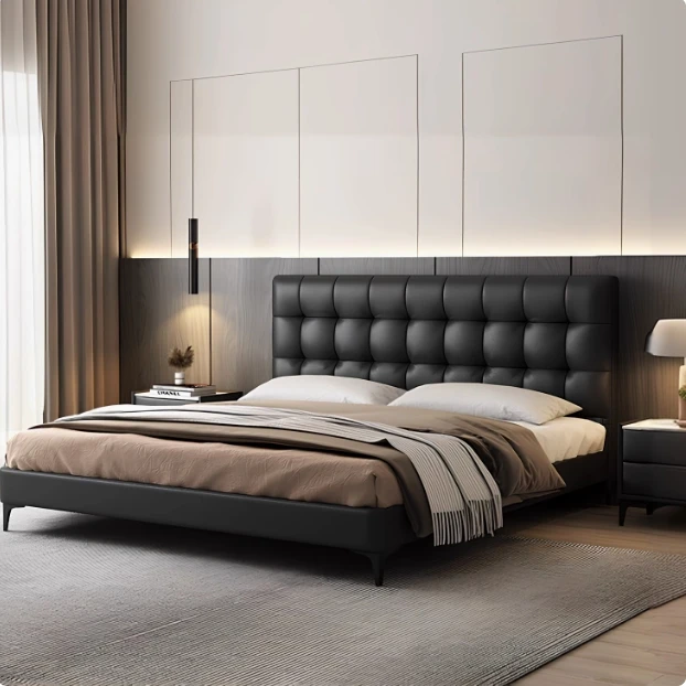 主卧大床华夫格真皮床高箱储物床2*2.2小户型齐边黑色双人床婚床