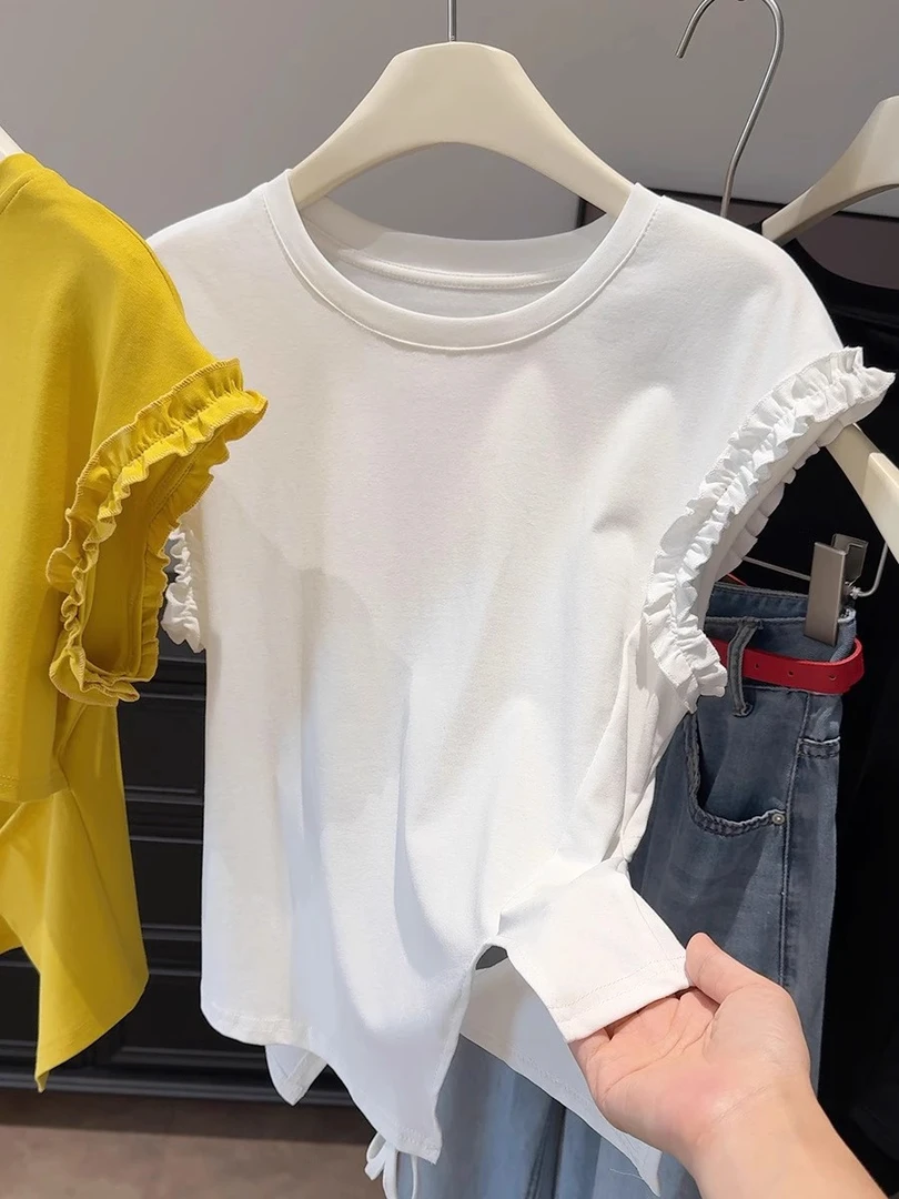 法式不规则后背系带短袖t恤女夏季新款漂亮独特木耳边小飞袖上衣