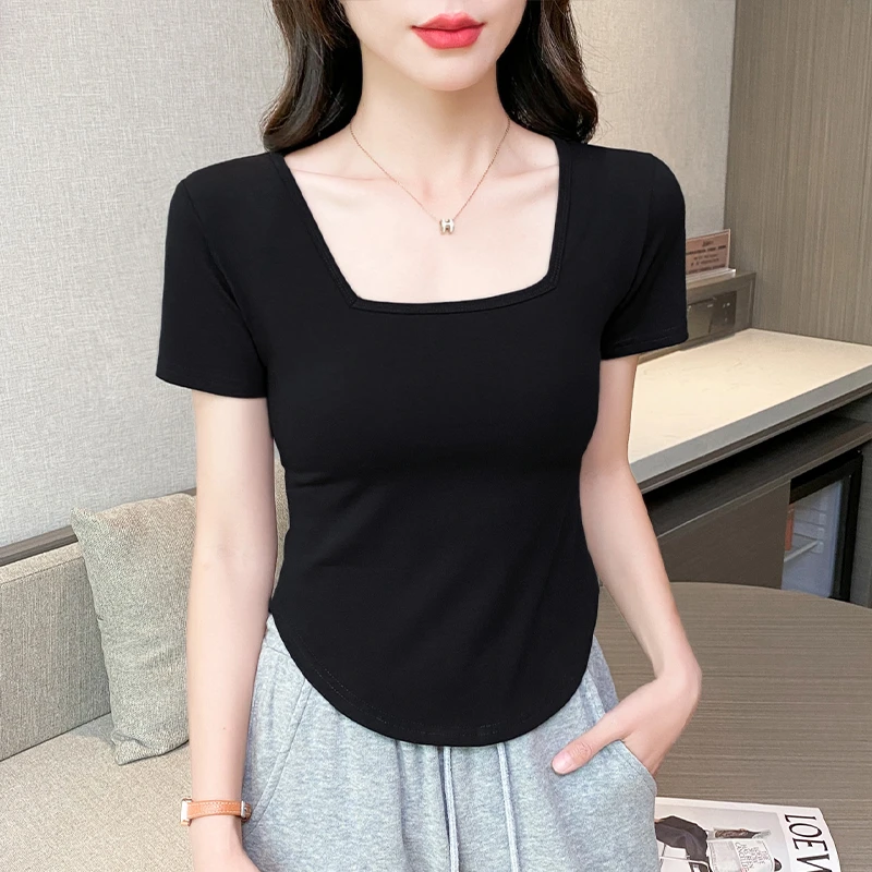 黑色短袖t恤女夏紧身低领半袖纯棉纯欲性感不规则设计感方领上衣
