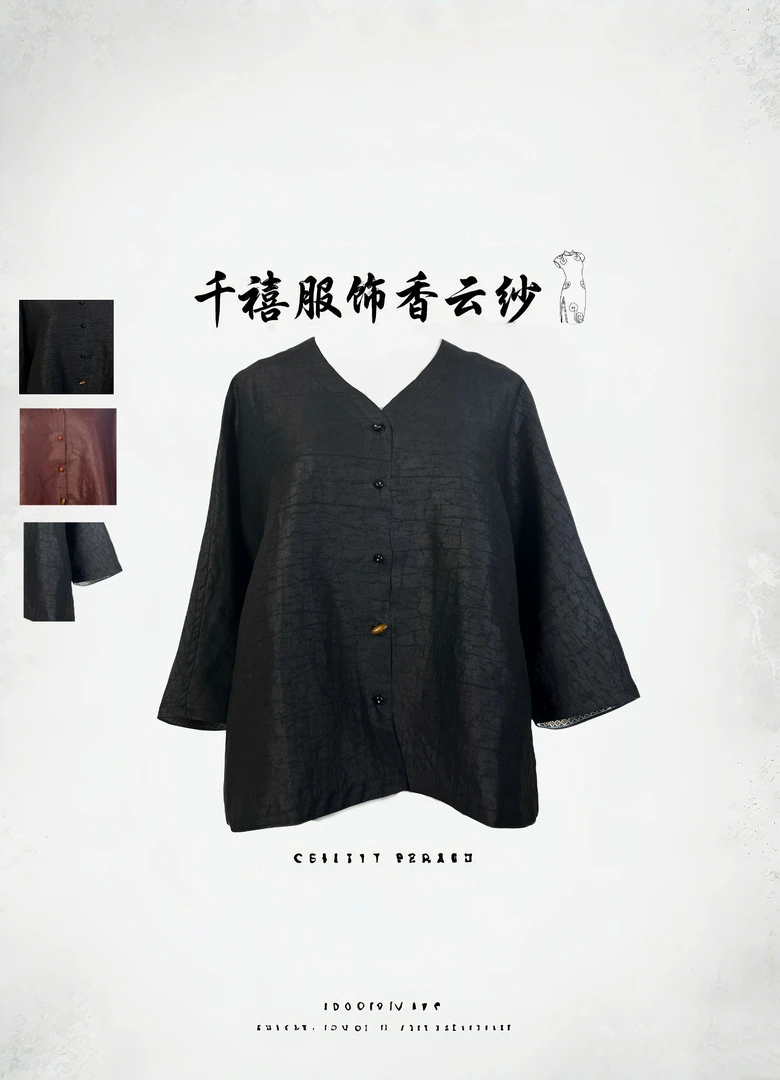 【千禧专属】1132长袖夏季中式复古桑蚕丝香云纱V领黑龟衬衫上衣