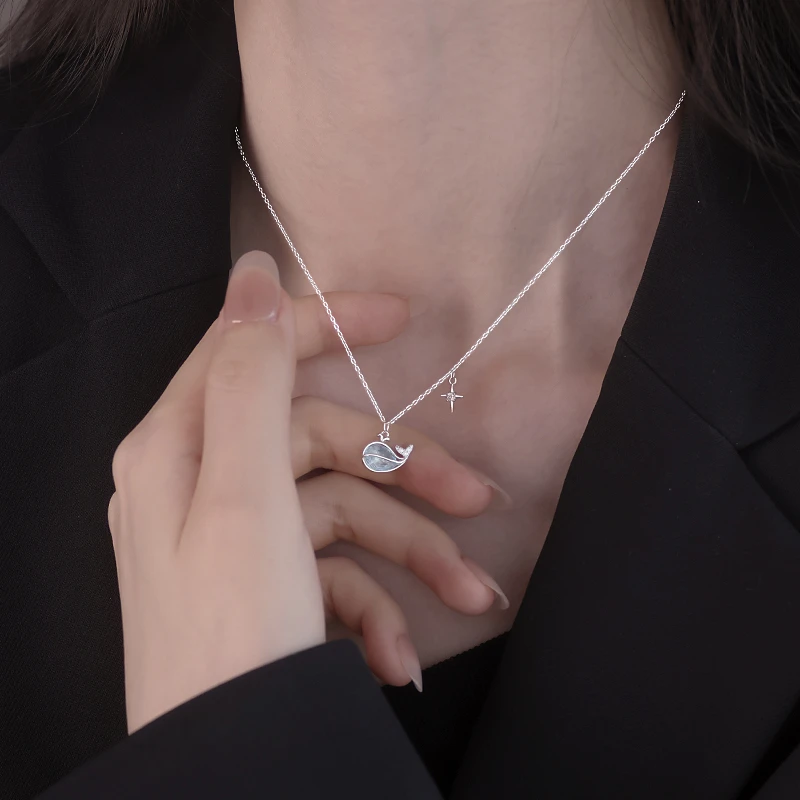 链子925银锆石 925纯银鲸鱼项链女2025锁骨链潮鱼尾配饰毛衣链