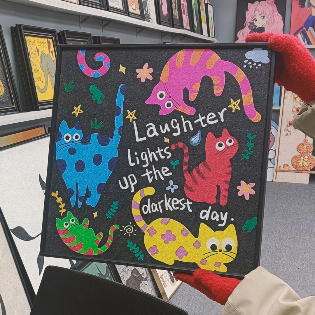 手工砂岩可爱小猫画儿童房客厅餐厅电视柜摆台餐桌床头柜4040