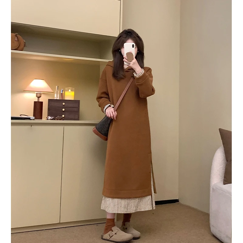 FUGUI RICH【艺术拼接】小个子拼色连衣裙中长款连帽裙 26241L3494