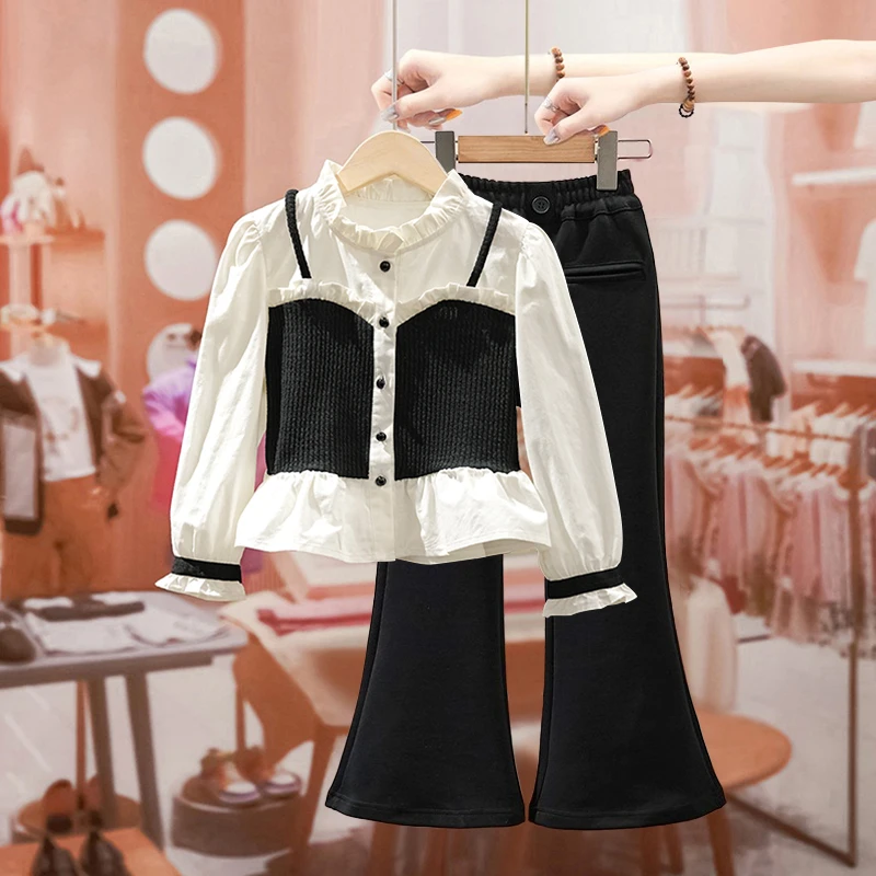 女童小香风裤子套装2025春装洋气时髦千金儿童衬衫喇叭裤两件套潮