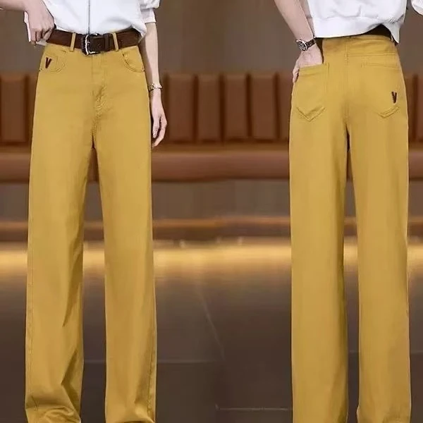 黄色窄版阔腿微瑕品介意勿拍新款高腰宽松显瘦垂感休闲直筒裤