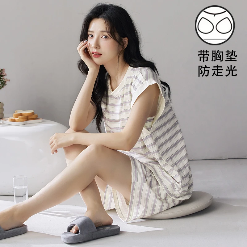 2025新款睡衣女夏季薄款无袖背心带胸垫一体式休闲条纹家居服套装
