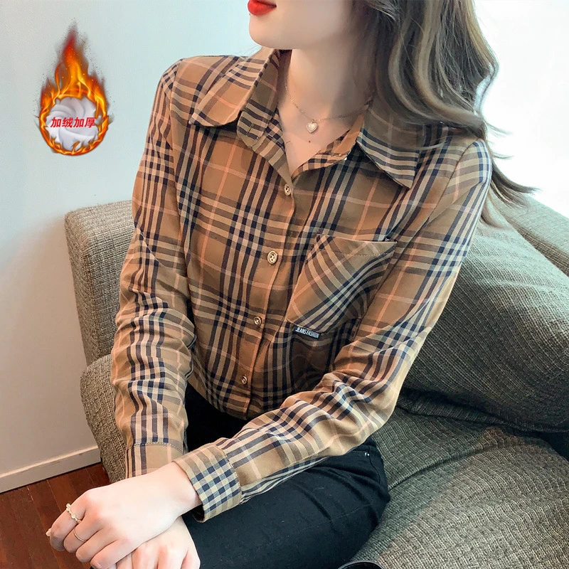 加绒加厚格子衬衫秋冬打底衬衫衫女时尚洋气时髦遮肚子遮胯宽上衣