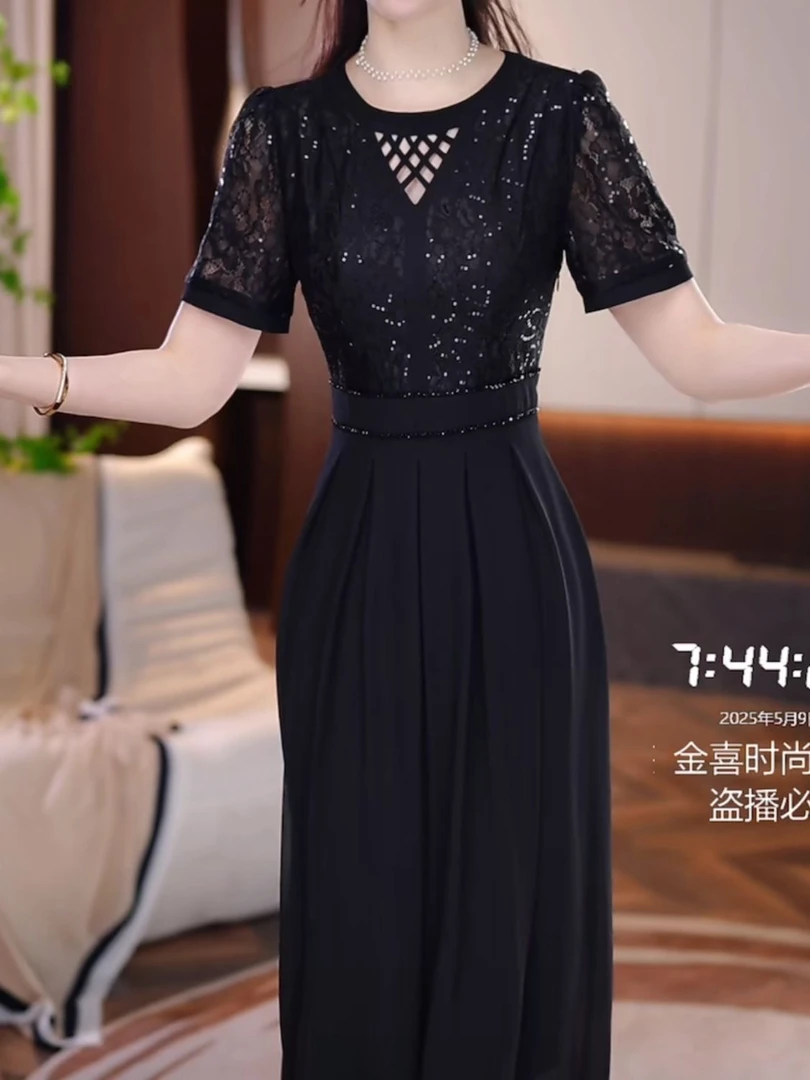 高级冰丽丝时尚高端贵气阔太太礼服裙2025夏季新款修身显瘦连衣裙