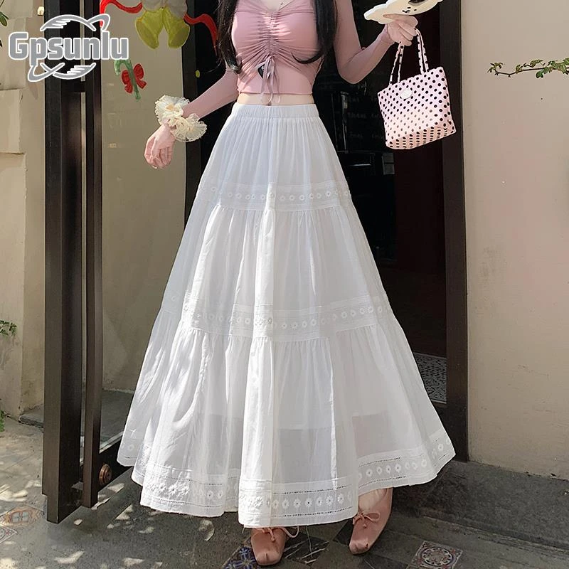 gpsunlu白色蛋糕裙女夏季长款花边半身裙新款蕾丝高腰大摆长裙子