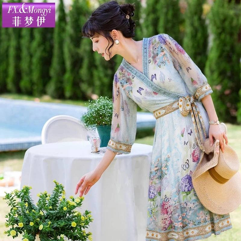 菲梦伊新款【桑蚕丝+亚麻】时尚连衣裙FXXL1398