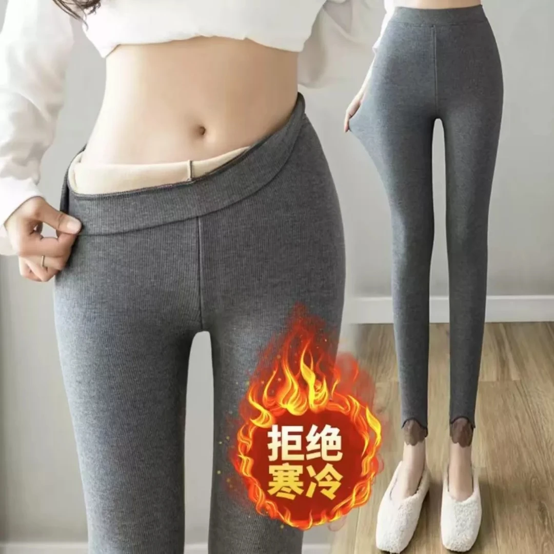 （210可穿）加绒加厚保暖高腰打底裤外穿长裤蕾丝拼接大码百搭显瘦