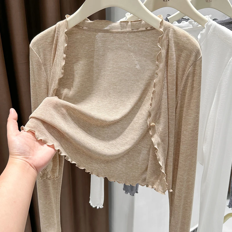 木耳边V领设计感宽松短外套夏季微透针织长袖防晒开衫上衣薄款女