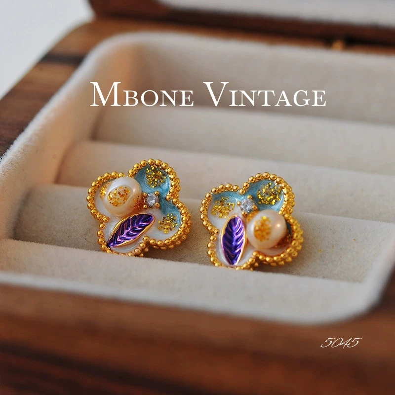 铜合金耳饰 5045 中☆【珠叶莱茵】欧尼维尼国风油画四叶草耳钉 耳饰