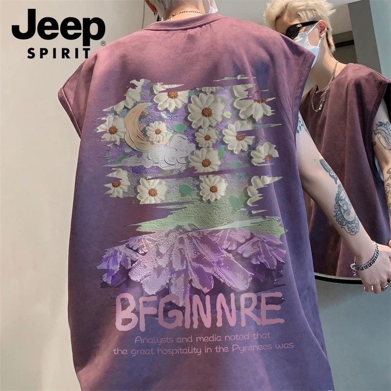 JEEPSPIRIT紫色无袖T恤男夏季高级感ins印花美式高街休闲运动背心