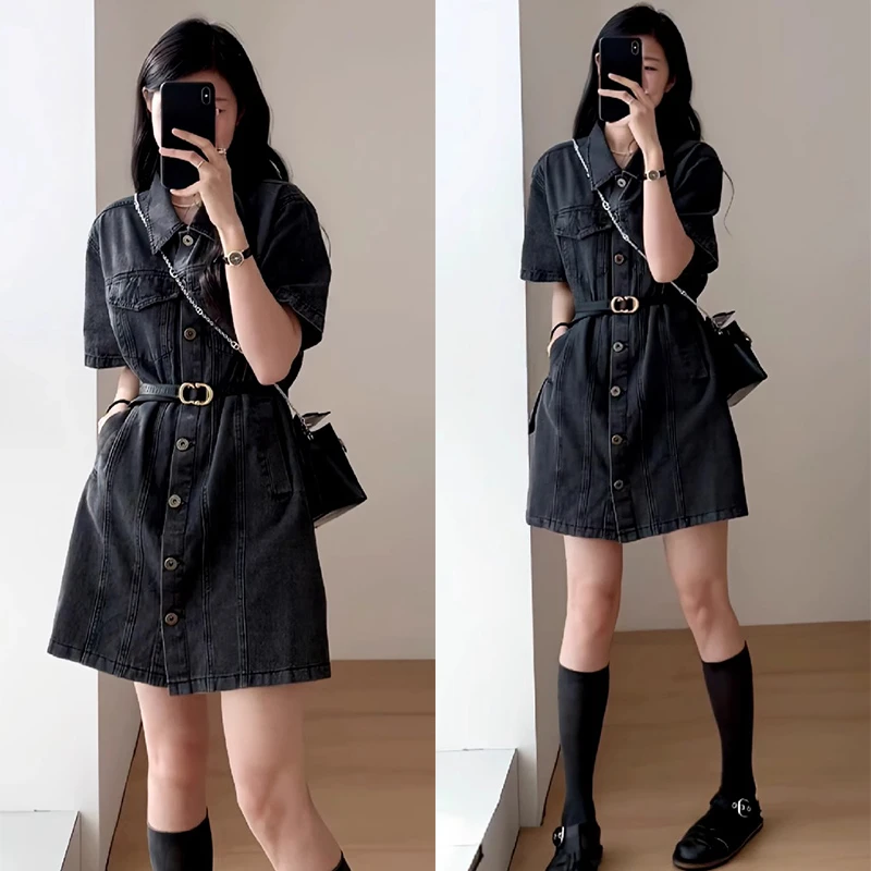 复古polo领短袖工装牛仔连衣裙女夏季新款设计感收腰显瘦衬衫短裙