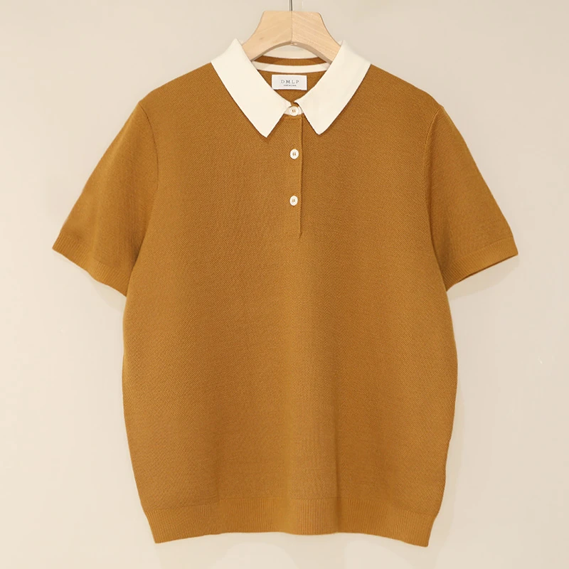 【沙黄】时尚百搭通勤拼色翻领短袖女简约柔软舒适休闲女士上衣