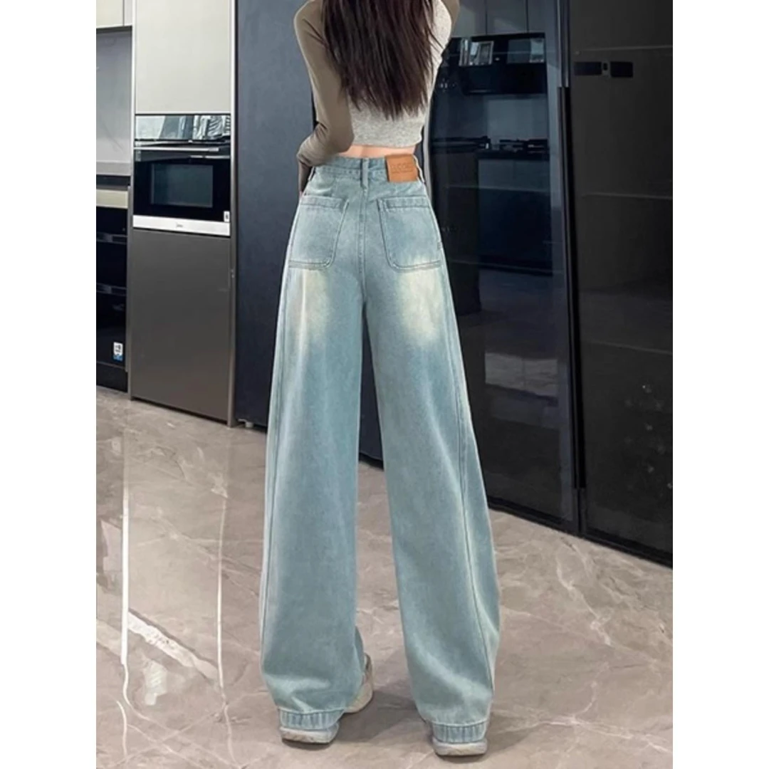 浅蓝色牛仔阔腿裤裤子白色女春季新款小众显瘦宽松休闲直筒裤潮
