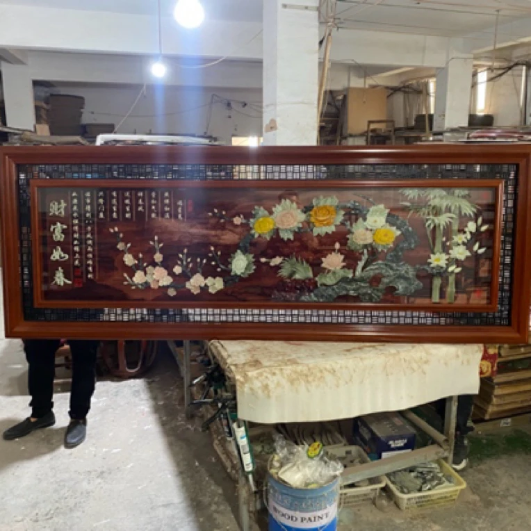 八级精工财富如春80X220带玻璃玉雕工艺实木框客厅沙发背景墙玉雕