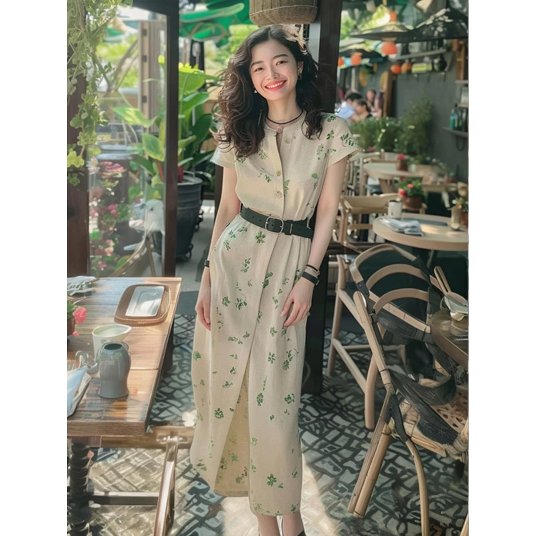 甜美温柔风绿色碎花连衣裙2025夏季新款气质高级感小香风法式长裙