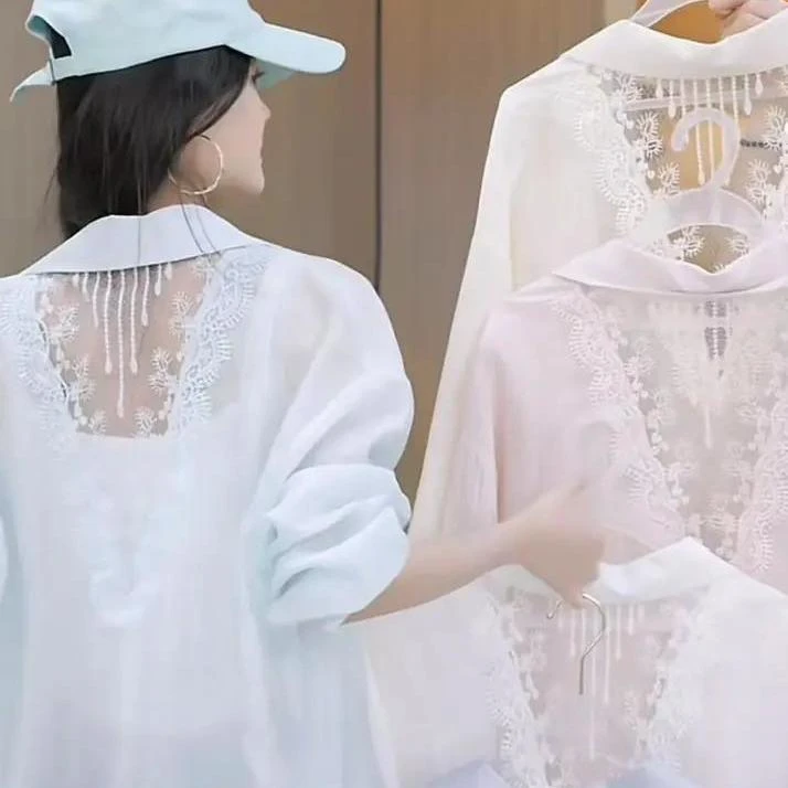 法式设计感后背蕾丝拼接防晒衬衫女春夏宽松休闲显瘦百搭减龄衬衣