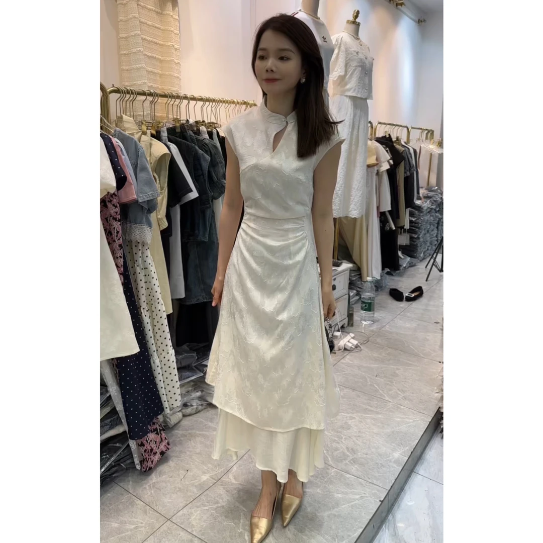 小雪家 气质时尚长裙拼接修身绑腰连衣裙2067