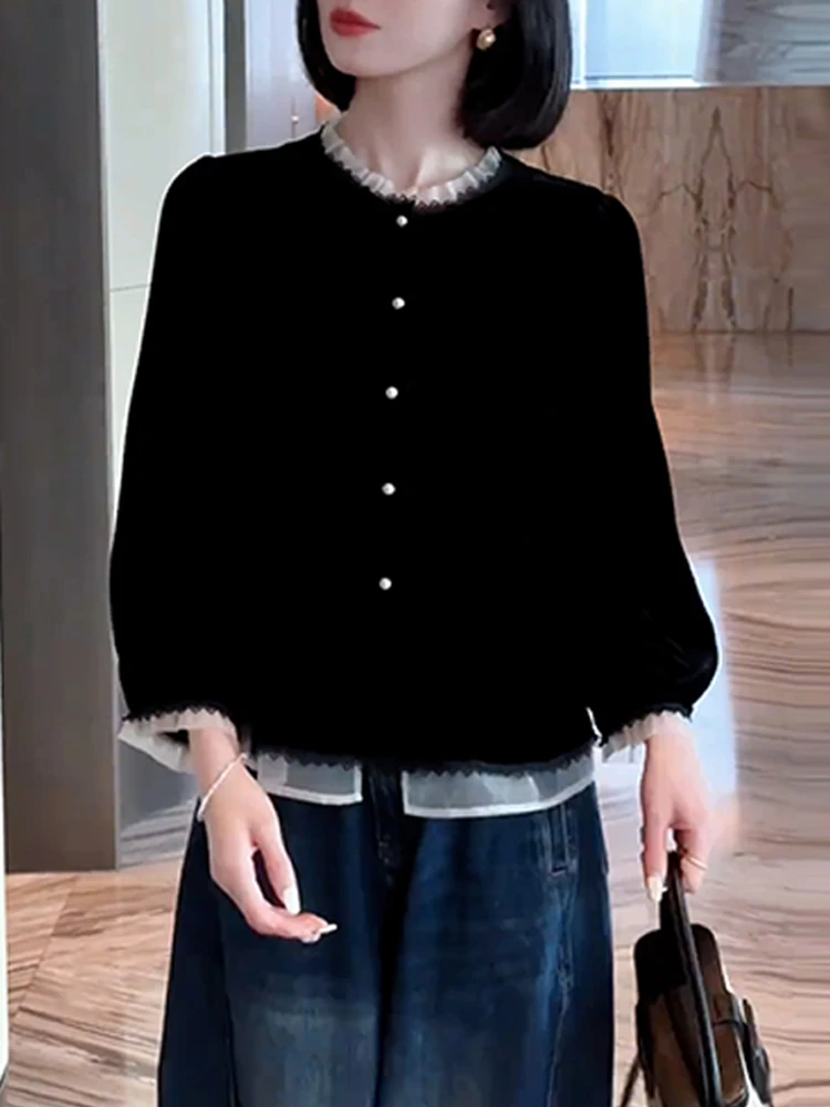 新中式国风荷叶边收腰打褶花边长袖衬衫女2025年秋季新款显瘦衣服