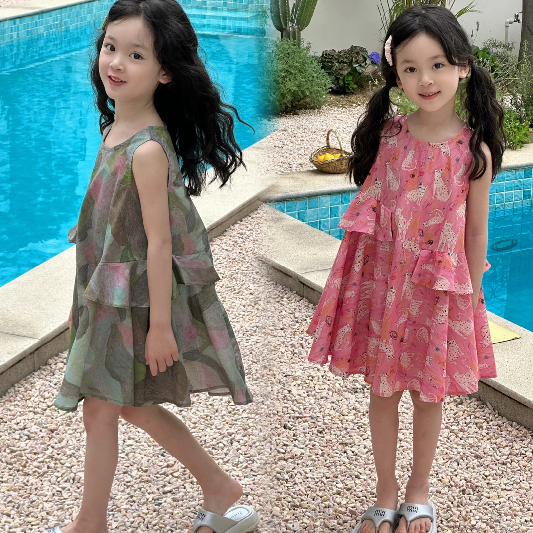 60支纯棉 精梳棉全棉 女童荷叶边连衣裙 数码印花 中大童 夏88894