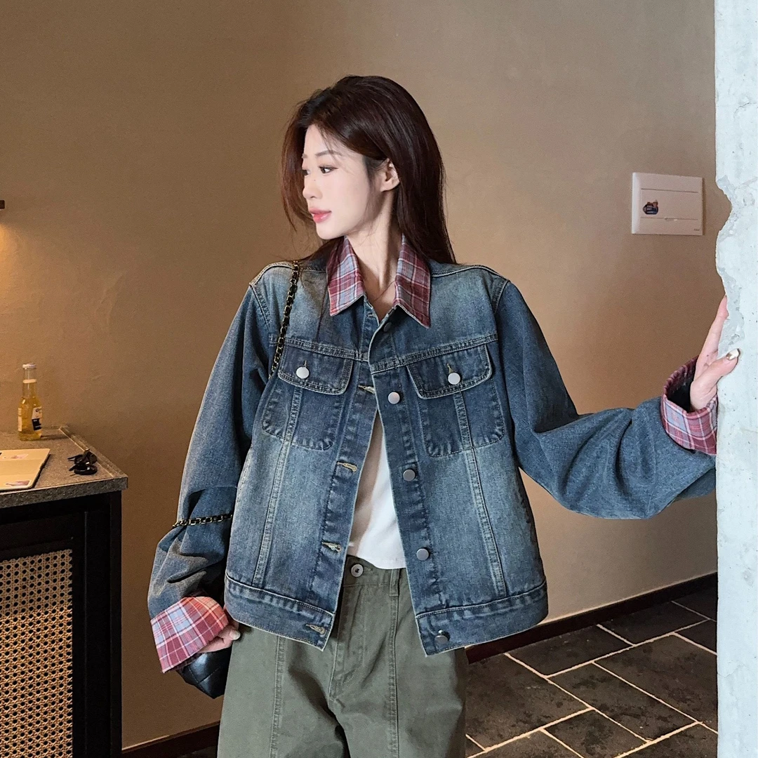 韩系格纹拼接短外套复古宽松翻领水洗牛仔外套2237