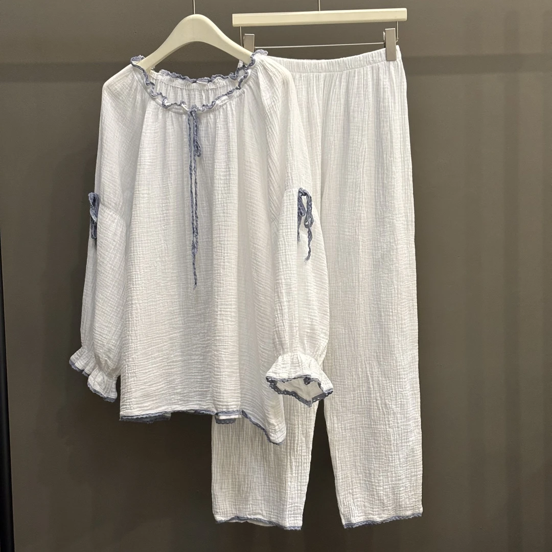 【塔鹿蕾】25年新款时尚简约宽松拼边撞色纯棉纱布套装居家服3274