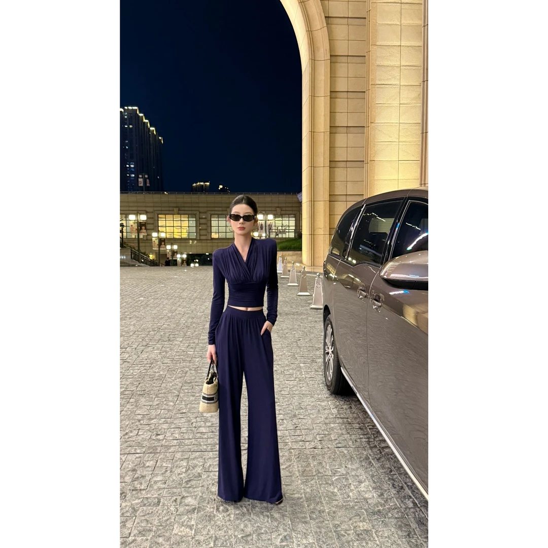 【暮夜烟蓝】休闲风V领优雅风时尚套装休闲修身阔腿裤高腰套装显瘦